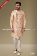 Designer Cream/Peach Color Silk Brocade Mens Indo Western PAWDAC1114