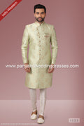 Designer Pista Green Color Jaquard Silk Brocade Mens Indo Western PAWDAC1123