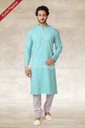 Designer Sea Green Color Handloom Silk Mens Kurta Pajama PAWDAC1146