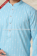Designer Sky Blue Color Handloom Silk Mens Kurta Pajama PAWDAC1148