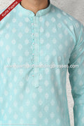 Designer Sea Green Color Handloom Silk Mens Kurta Pajama PAWDAC1166