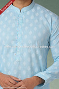 Designer Sky Blue Color Handloom Silk Mens Kurta Pajama PAWDAC1168