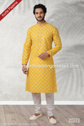Designer Yellow Color Handloom Silk Mens Kurta Pajama PAWDAC1172