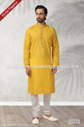 Designer Yellow Color Handloom Silk Mens Kurta Pajama PAWDAC1174