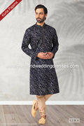 Designer Navy Blue Color Handloom Silk Mens Kurta Pajama PAWDAC1184