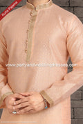 Designer Peach Color Jacquard Brocade Silk Mens Kurta Pajama PAWDAC1222