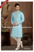 Designer Sky Blue Color Jacquard Brocade Silk Mens Kurta Pajama PAWDAC1225