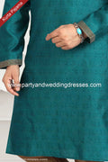 Designer Teal Green Color Jacquard Brocade Silk Mens Kurta Pajama PAWDAC1233