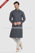 Designer Navy Blue/Off-white Color Printed Cotton Fabric Mens Kurta Pajama PAWDAC1263