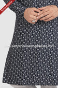 Designer Navy Blue/Off-white Color Printed Cotton Fabric Mens Kurta Pajama PAWDAC1263