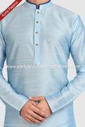 Designer Sky Blue/Off-white Color Art Silk Fabric Mens Kurta Pajama PAWDAC1274