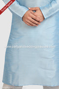 Designer Sky Blue/Off-white Color Art Silk Fabric Mens Kurta Pajama PAWDAC1274