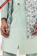Designer Pista Green Color Printed Art Banarasi Silk Mens 2 Pcs Indo Western PAWDAC1402