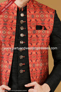 Designer Maroon/Black Color Printed Art Banarasi Silk Mens 3 Pcs Indo Western PAWDAC1403