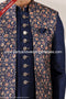 Designer Blue Color Printed Art Banarasi Silk Mens 3 Pcs Indo Western PAWDAC1404