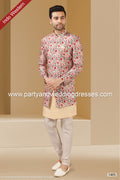 Designer Cream/Maroon Color Printed Art Banarasi Silk Mens 3 Pcs Indo Western PAWDAC1405