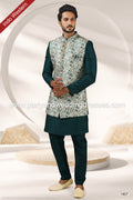 Designer Green Color Printed Art Banarasi Silk Mens 3 Pcs Indo Western PAWDAC1407