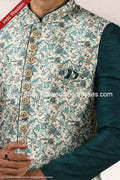 Designer Green Color Printed Art Banarasi Silk Mens 3 Pcs Indo Western PAWDAC1407