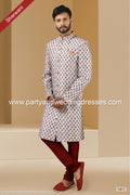 Designer Off-white/Maroon Color Printed Art Banarasi Silk Sherwani PAWDAC1411