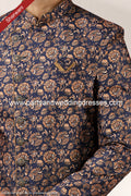 Designer Blue/Chikoo Color Printed Art Banarasi Silk Sherwani PAWDAC1417