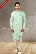 Designer Sea Green Color Jacquard Silk Brocade Mens Indo Western PAWDAC1419