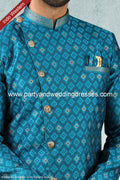 Designer Blue Color Jacquard Silk Brocade Mens Semi Indo Western PAWDAC1420