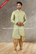 Designer Pista Green Color Jacquard Silk Brocade Mens Semi Indo Western PAWDAC1422