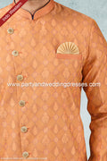 Designer Peach Color Jacquard Silk Brocade Mens Semi Indo Western PAWDAC1425