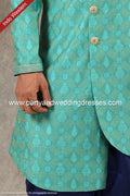 Designer Teal Green Color Jacquard Silk Brocade Mens Semi Indo Western PAWDAC1426