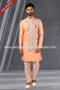 Designer Peach/Pink Color Plain & Printed Art Silk Mens Indo Western PAWDAC1434