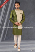 Designer Green Color Plain & Printed Art Silk Mens Indo Western PAWDAC1440