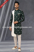Designer Cream/Green Color Plain & Printed Art Silk Mens Indo Western PAWDAC1447