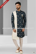 Designer Cream/Blue Color Plain & Printed Art Silk Mens Indo Western PAWDAC1448