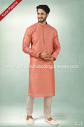 Designer Peach Color Printed Art Silk Fabric Mens Kurta Pajama PAWDAC1474