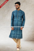 Designer Blue Color Printed Art Silk Fabric Mens Kurta Pajama PAWDAC1475