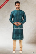 Designer Teal Green Color Printed Art Silk Fabric Mens Kurta Pajama PAWDAC1477
