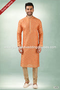 Designer Orange Color Printed Art Silk Fabric Mens Kurta Pajama PAWDAC1479
