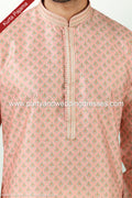 Designer Peach Color Printed Art Silk Fabric Mens Kurta Pajama PAWDAC1482