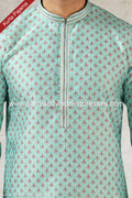 Designer Pista Green Color Printed Art Silk Fabric Mens Kurta Pajama PAWDAC1484