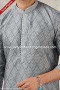 Designer Gray/Black Color Printed Art Silk Fabric Mens Kurta Pajama PAWDAC1492
