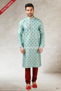 Designer Pista Green Color Printed Art Silk Fabric Mens Kurta Pajama PAWDAC1494