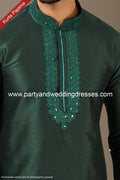 Designer Dark Green Color Banarasi Art Silk Fabric Mens Kurta Pajama PAWDAC1503