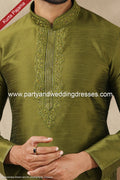 Designer Green Color Banarasi Art Silk Fabric Mens Kurta Pajama PAWDAC1526
