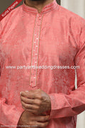 Designer Pink/Gold Color Jacquard Silk Brocade Fabric Mens Kurta Pajama PAWDAC1532