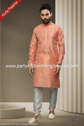 Designer Peach/Cream Color Jacquard Silk Brocade Fabric Mens Kurta Pajama PAWDAC1533