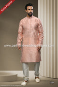 Designer Pink/Cream Color Jacquard Silk Brocade Fabric Mens Kurta Pajama PAWDAC1534