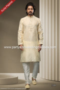 Designer Cream Color Jacquard Silk Brocade Fabric Mens Kurta Pajama PAWDAC1535