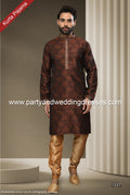 Designer Brown/Chikoo Color Jacquard Silk Brocade Fabric Mens Kurta Pajama PAWDAC1537