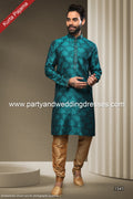 Designer Blue/Chikoo Color Jacquard Silk Brocade Fabric Mens Kurta Pajama PAWDAC1541