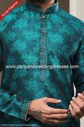 Designer Blue/Chikoo Color Jacquard Silk Brocade Fabric Mens Kurta Pajama PAWDAC1541